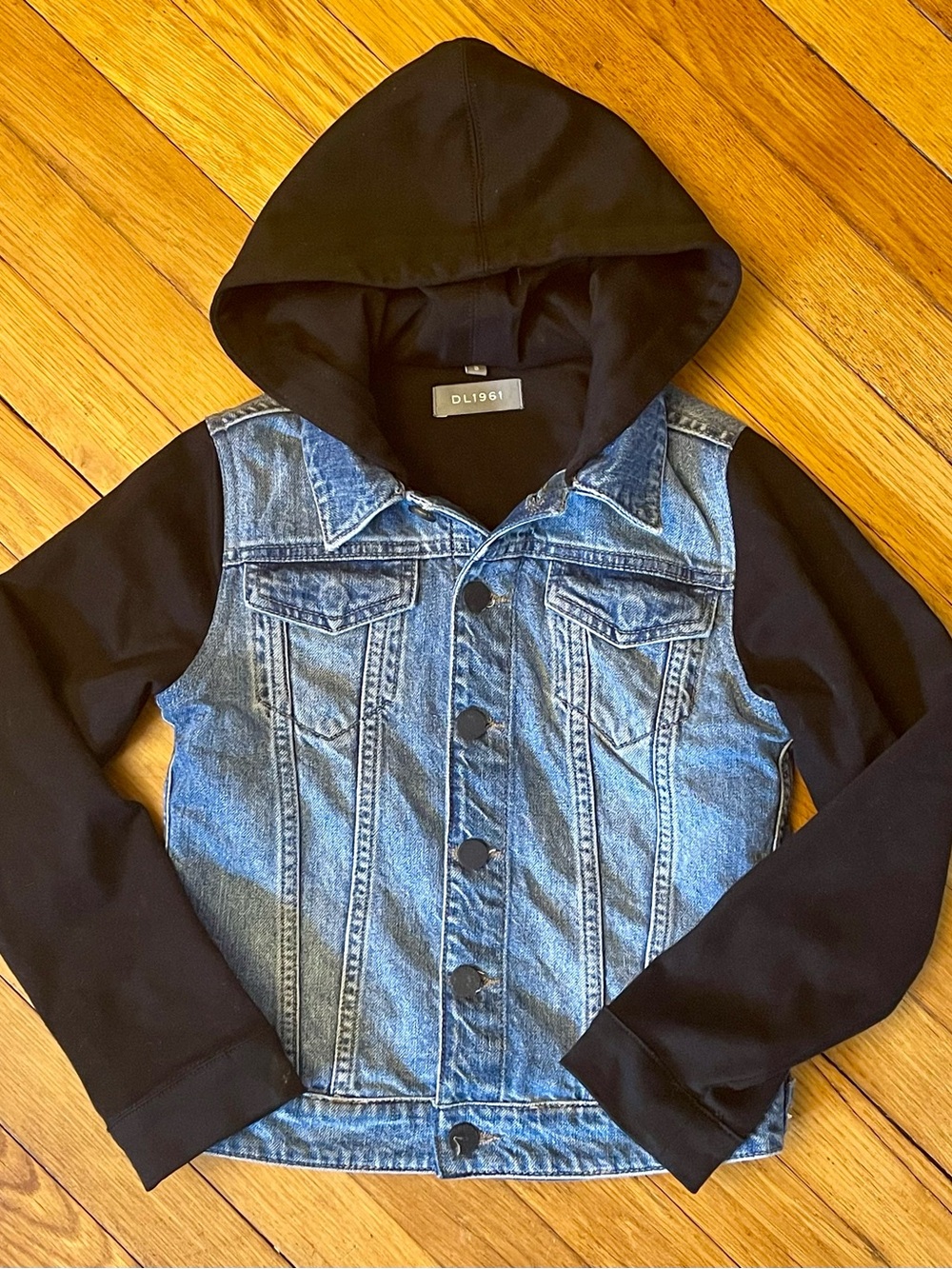 DL1961 Two-Tone Kids Denim Jacket with Black Hood & Sleeves